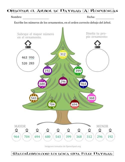 La hoja de ejercicios de Ordenar Números de 100 a 999 en un Árbol de Navidad (Todas) Página 2