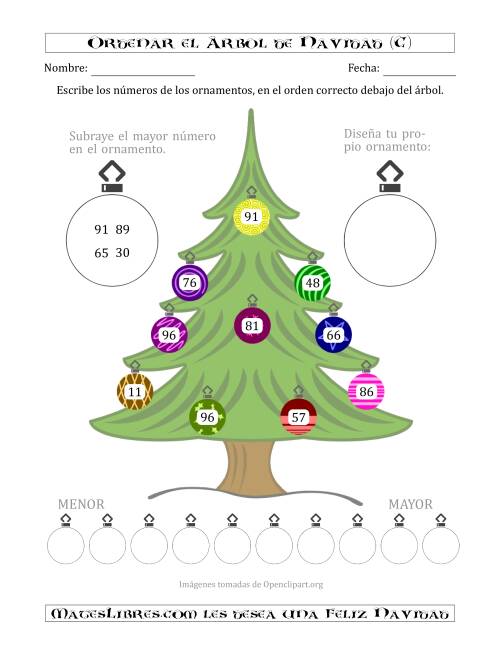 La hoja de ejercicios de Ordenar Números de 10 a 99 en un Árbol de Navidad (C)