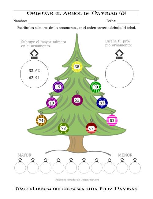 La hoja de ejercicios de Ordenar Números de 10 a 99 en un Árbol de Navidad (D)