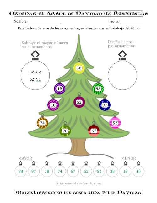 La hoja de ejercicios de Ordenar Números de 10 a 99 en un Árbol de Navidad (D) Página 2