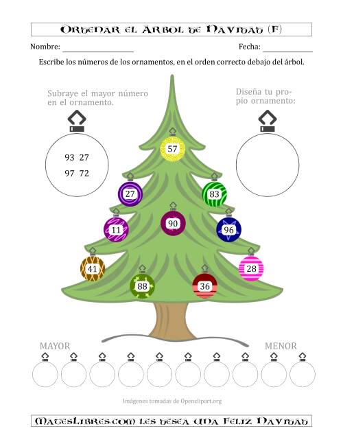 La hoja de ejercicios de Ordenar Números de 10 a 99 en un Árbol de Navidad (F)