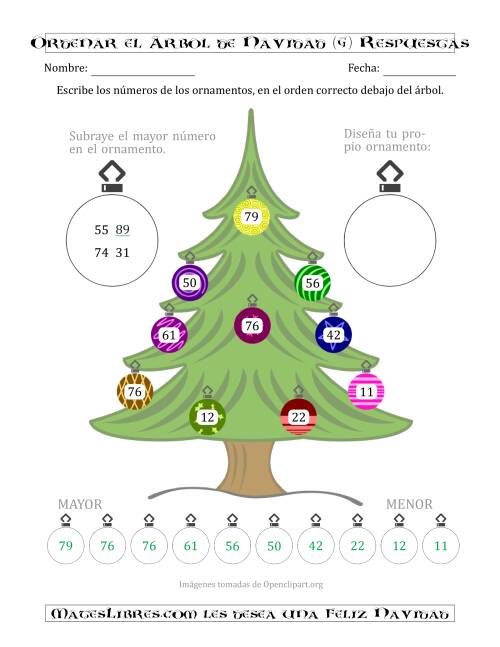 La hoja de ejercicios de Ordenar Números de 10 a 99 en un Árbol de Navidad (G) Página 2