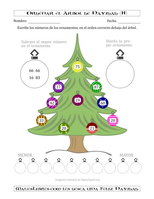 La hoja de ejercicios de Ordenar Números de 10 a 99 en un Árbol de Navidad (H)