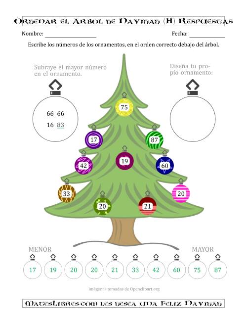 La hoja de ejercicios de Ordenar Números de 10 a 99 en un Árbol de Navidad (H) Página 2