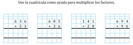 Multiplicación de tres dígitos por dos dígitos utilizando una cuadrícula.