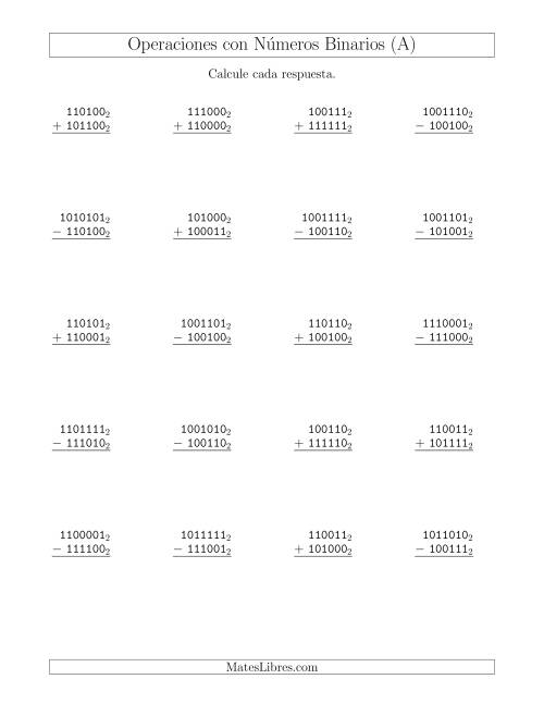 La hoja de ejercicios de Suma y Resta con Números Binarios (Base 2) (A)