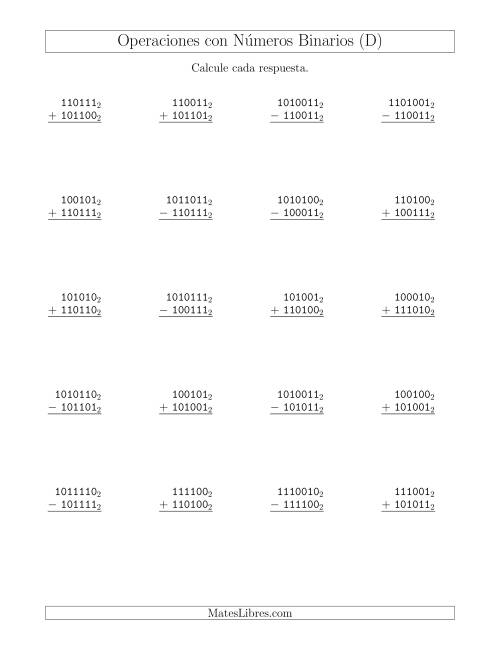 La hoja de ejercicios de Suma y Resta con Números Binarios (Base 2) (D)