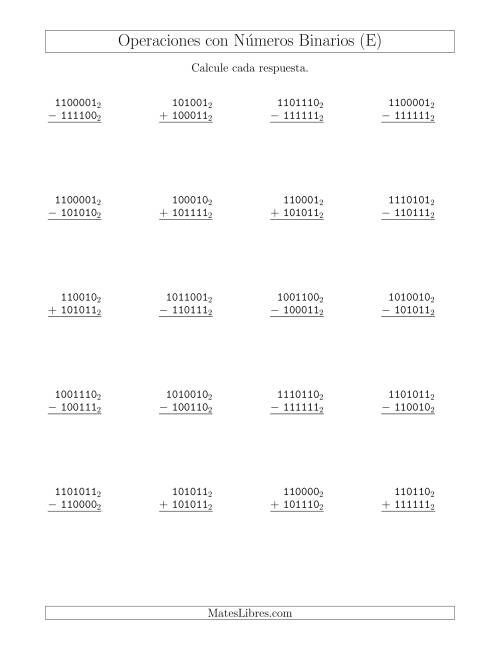 La hoja de ejercicios de Suma y Resta con Números Binarios (Base 2) (E)