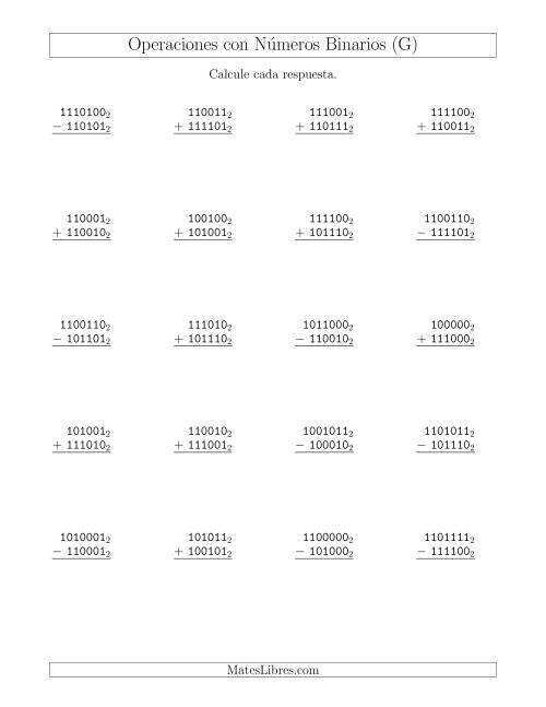 La hoja de ejercicios de Suma y Resta con Números Binarios (Base 2) (G)
