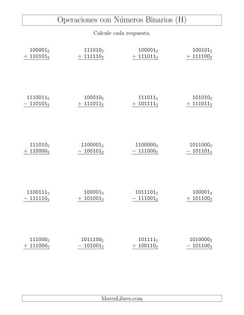 La hoja de ejercicios de Suma y Resta con Números Binarios (Base 2) (H)