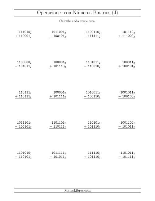 La hoja de ejercicios de Suma y Resta con Números Binarios (Base 2) (J)