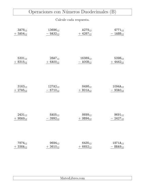 La hoja de ejercicios de Suma y Resta con Números Duodecimales (Base 12) (B)