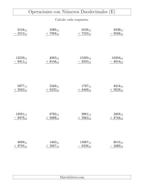 La hoja de ejercicios de Suma y Resta con Números Duodecimales (Base 12) (E)