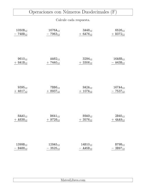 La hoja de ejercicios de Suma y Resta con Números Duodecimales (Base 12) (F)
