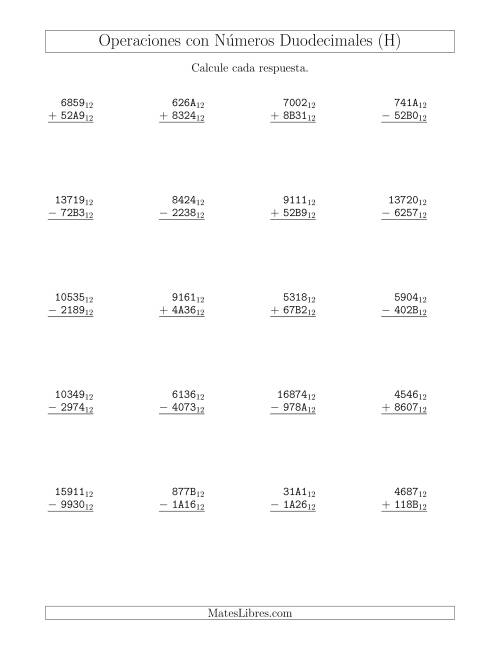 La hoja de ejercicios de Suma y Resta con Números Duodecimales (Base 12) (H)