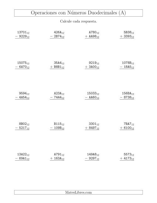 La hoja de ejercicios de Suma y Resta con Números Duodecimales (Base 12) (Todas)