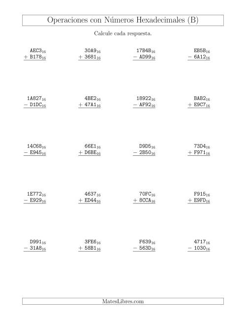La hoja de ejercicios de Suma y Resta con Números Hexadecimales (Base 16) (B)