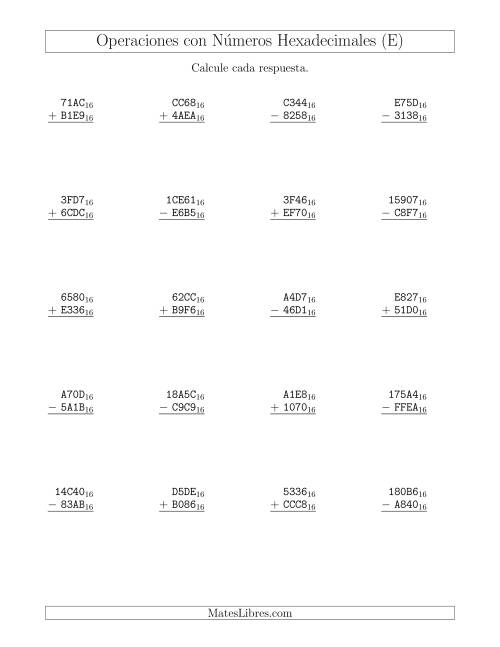 La hoja de ejercicios de Suma y Resta con Números Hexadecimales (Base 16) (E)