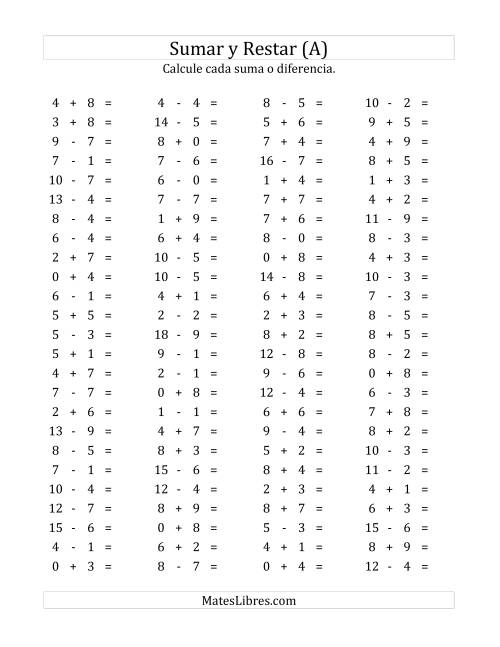 La hoja de ejercicios de 100 Preguntas Horizontales de Suma y Resta (de 0 a 9) (A)