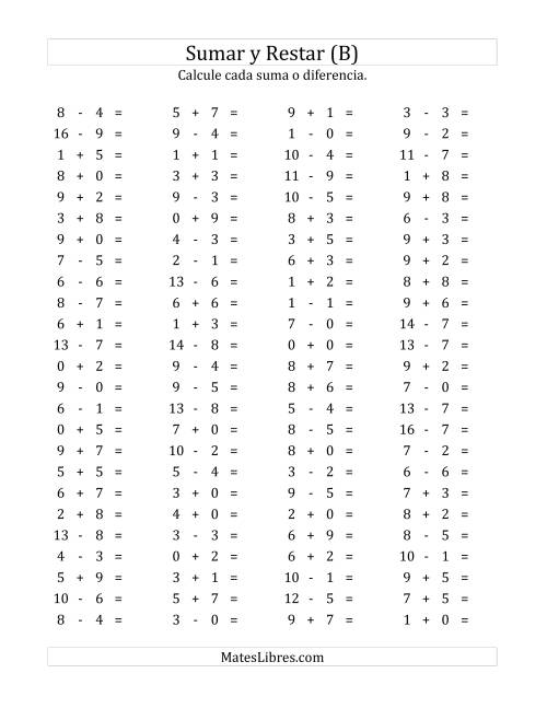 La hoja de ejercicios de 100 Preguntas Horizontales de Suma y Resta (de 0 a 9) (B)