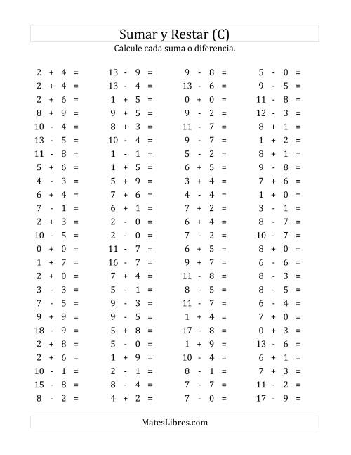 La hoja de ejercicios de 100 Preguntas Horizontales de Suma y Resta (de 0 a 9) (C)