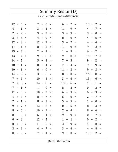 La hoja de ejercicios de 100 Preguntas Horizontales de Suma y Resta (de 0 a 9) (D)