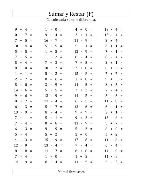 La hoja de ejercicios de 100 Preguntas Horizontales de Suma y Resta (de 0 a 9) (F)