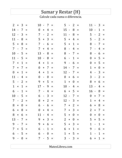 La hoja de ejercicios de 100 Preguntas Horizontales de Suma y Resta (de 0 a 9) (H)