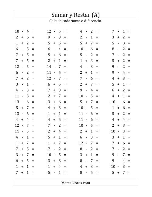 La hoja de ejercicios de 100 Preguntas Horizontales de Suma y Resta (de 1 a 7) (A)