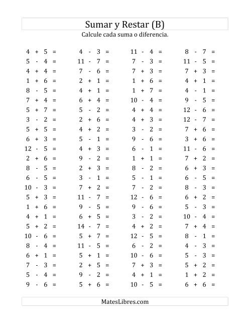 La hoja de ejercicios de 100 Preguntas Horizontales de Suma y Resta (de 1 a 7) (B)