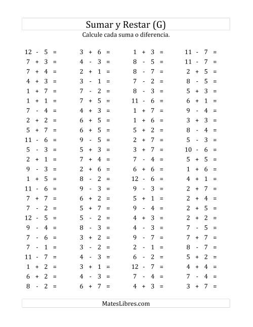La hoja de ejercicios de 100 Preguntas Horizontales de Suma y Resta (de 1 a 7) (G)