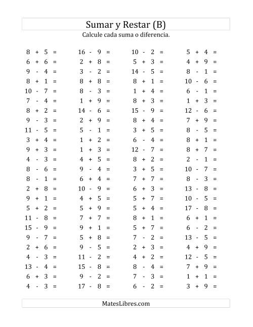 La hoja de ejercicios de 100 Preguntas Horizontales de Suma y Resta (de 1 a 9) (B)