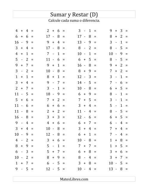 La hoja de ejercicios de 100 Preguntas Horizontales de Suma y Resta (de 1 a 9) (D)