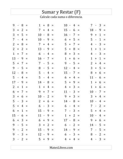 La hoja de ejercicios de 100 Preguntas Horizontales de Suma y Resta (de 1 a 9) (F)