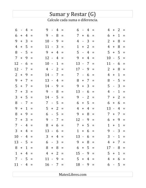La hoja de ejercicios de 100 Preguntas Horizontales de Suma y Resta (de 1 a 9) (G)