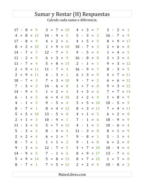 La hoja de ejercicios de 100 Preguntas Horizontales de Suma y Resta (de 1 a 9) (H) Página 2