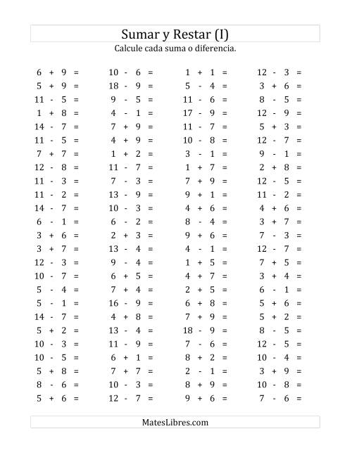 La hoja de ejercicios de 100 Preguntas Horizontales de Suma y Resta (de 1 a 9) (I)