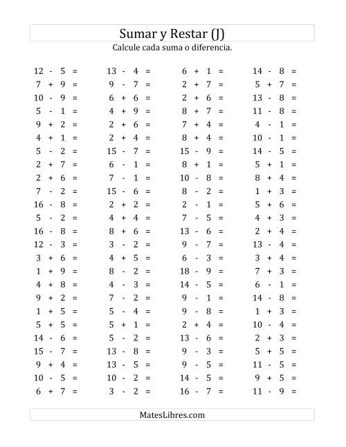 La hoja de ejercicios de 100 Preguntas Horizontales de Suma y Resta (de 1 a 9) (J)