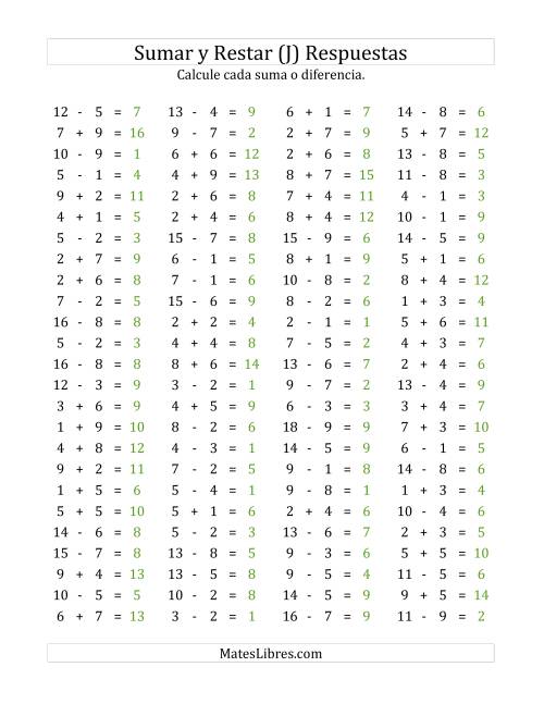 La hoja de ejercicios de 100 Preguntas Horizontales de Suma y Resta (de 1 a 9) (J) Página 2