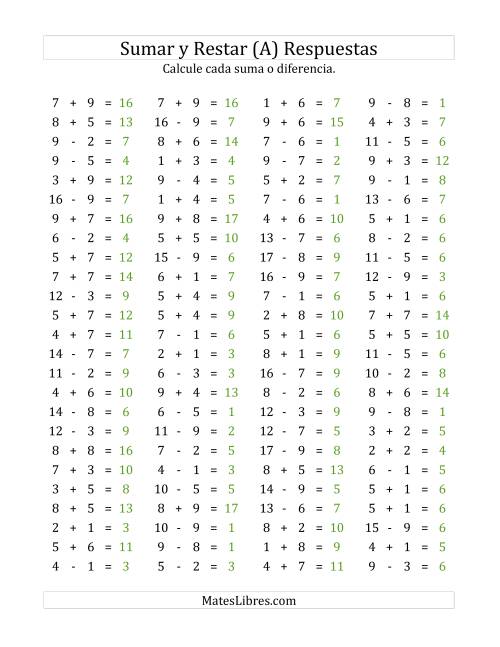 La hoja de ejercicios de 100 Preguntas Horizontales de Suma y Resta (de 1 a 9) (Todas) Página 2