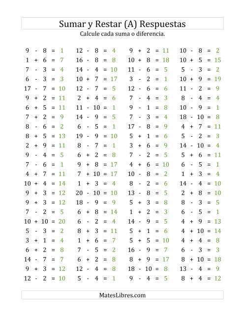 La hoja de ejercicios de 100 Preguntas Horizontales de Suma y Resta (de 1 a 10) (A) Página 2