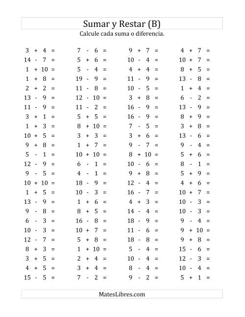 La hoja de ejercicios de 100 Preguntas Horizontales de Suma y Resta (de 1 a 10) (B)