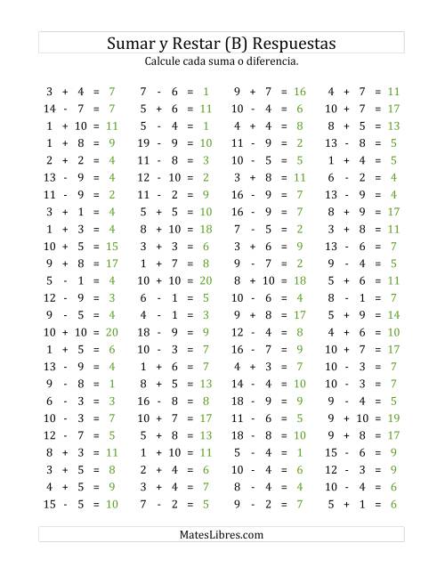 La hoja de ejercicios de 100 Preguntas Horizontales de Suma y Resta (de 1 a 10) (B) Página 2