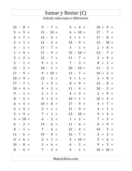 La hoja de ejercicios de 100 Preguntas Horizontales de Suma y Resta (de 1 a 10) (C)