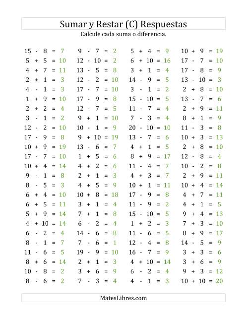 La hoja de ejercicios de 100 Preguntas Horizontales de Suma y Resta (de 1 a 10) (C) Página 2