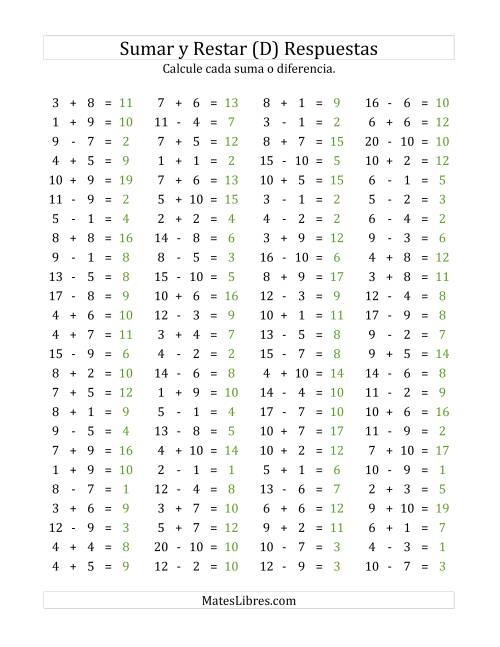 La hoja de ejercicios de 100 Preguntas Horizontales de Suma y Resta (de 1 a 10) (D) Página 2