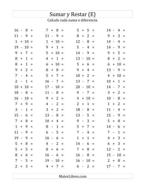 La hoja de ejercicios de 100 Preguntas Horizontales de Suma y Resta (de 1 a 10) (E)