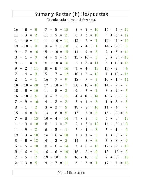 La hoja de ejercicios de 100 Preguntas Horizontales de Suma y Resta (de 1 a 10) (E) Página 2