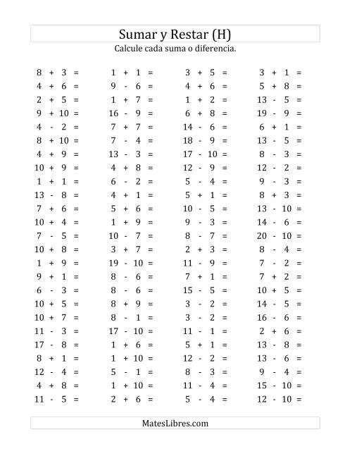 La hoja de ejercicios de 100 Preguntas Horizontales de Suma y Resta (de 1 a 10) (H)