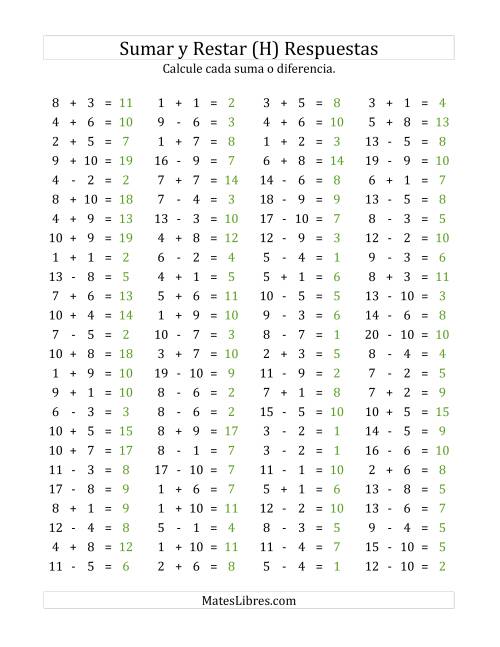 La hoja de ejercicios de 100 Preguntas Horizontales de Suma y Resta (de 1 a 10) (H) Página 2